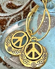 Etched Gold Peace Sign Lever Back Hoop Earrings.