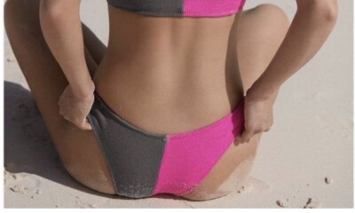 PILYQ PQ Crinkle Texture Color Block Acai Reef  Teeny Bikini Bottom S Gray Pink