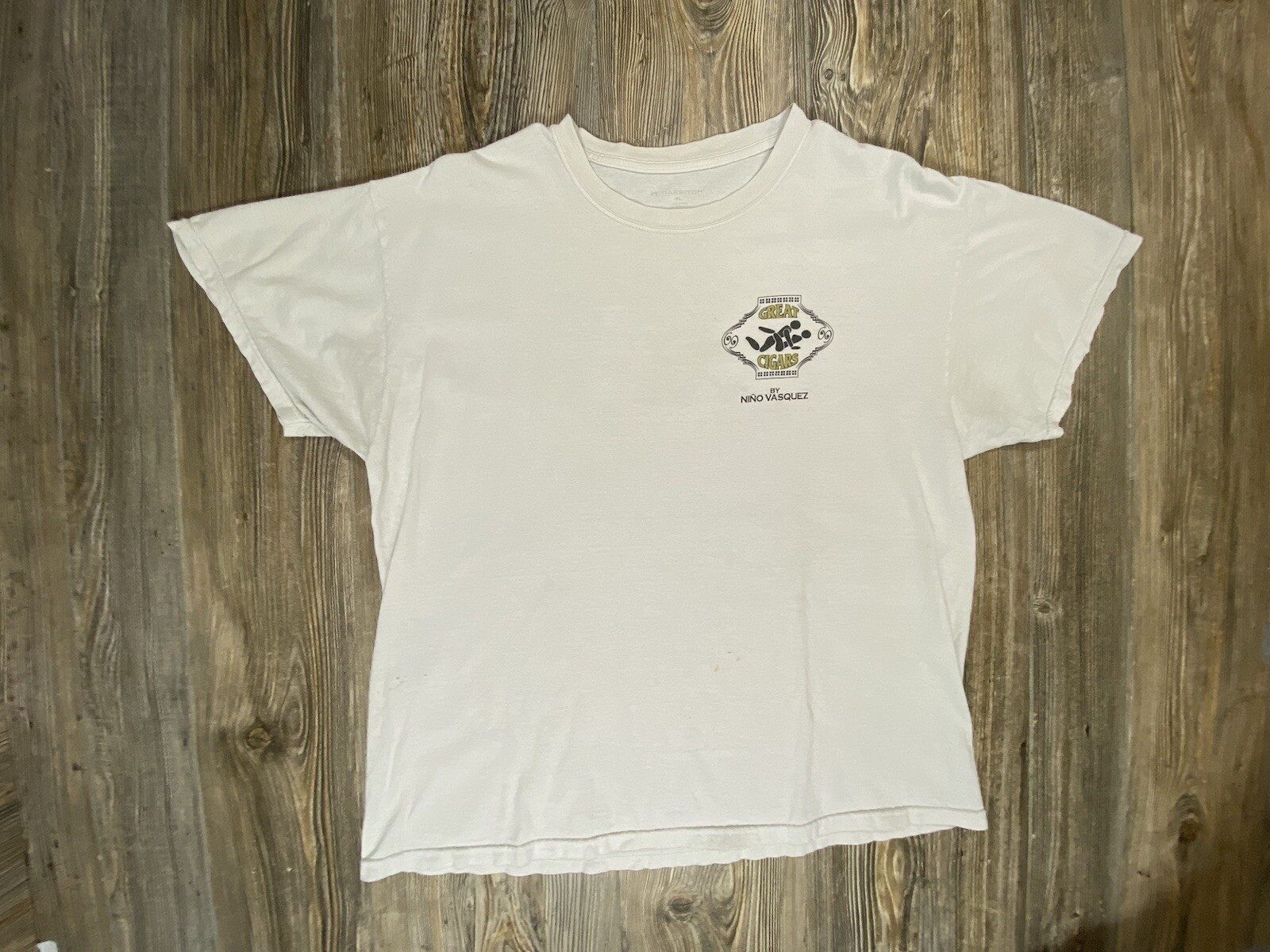 Nino Vasquez Great F***** Cigars T Shirt Harriton XL White Distressed