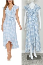 Calvin Klein Blue & White Plaid High Low Belted Dress Ruffle Collar Size 2 TALL