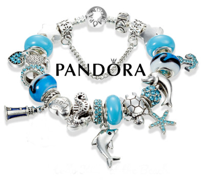 PANDORA SILVER BRACELET with BLUE BEACH DOLPHIN SEAHORSE