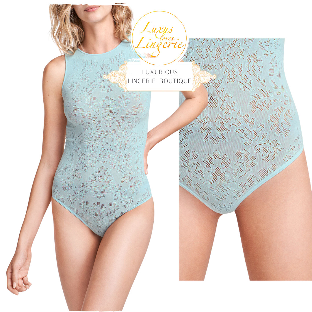 Isabella String Body by Wolford S Light Aquamarine with Floral Transparent Net