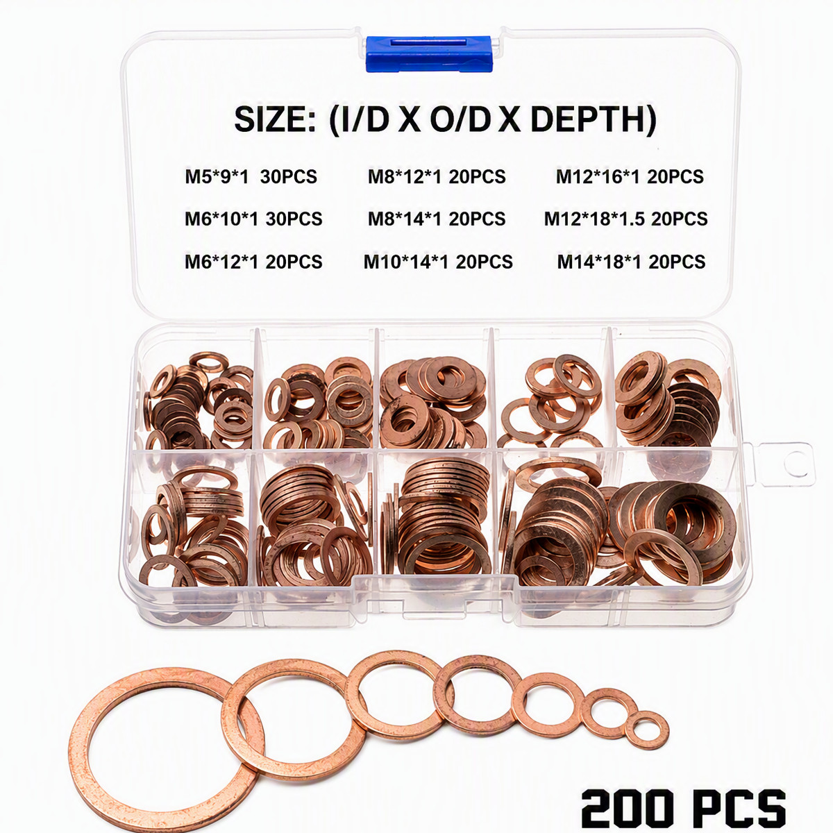 200pcs Oil Drain Plug Washer Copper Seal Ring Gasket Assortment Set M5-M14 Kit