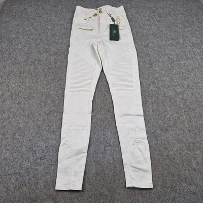 Holland Cooper Biker Jeans Damen 8 weiß Jodhpur Skinny Gold Reißverschluss Stretch Denim