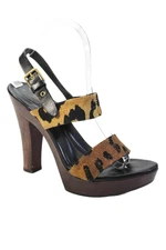 YSL Womens Animal Print Ankle Buckled Platform Heels Beige Size EUR 38