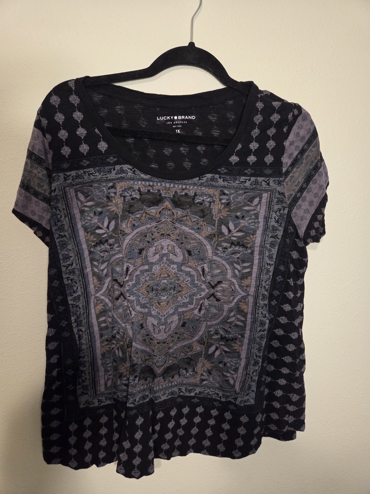 Lucky Brand Black Gray Geometric Scoop Neck Short Sleeve T-Shirt Women's 1X
