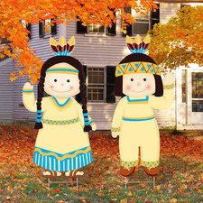 Thanksgiving Yard Signs Native American Boy and Girl Lawn Stakes Fall Weatherpro