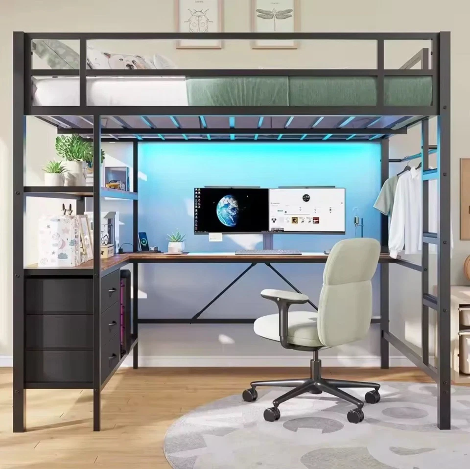 Metal Loft Bed with Desk & RGB LED Lights, Storage Drawers & Gaming Setup - Image 2 of 4