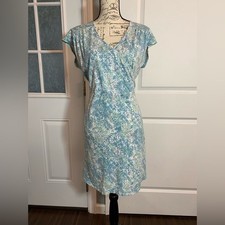 Eddie Bauer Blue, Green and White Casual Floral Cotton Faux Wrap Mini Dress
