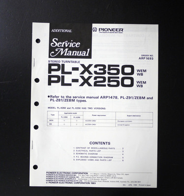 Original PIONEER PL-X350/PL-X250 Turntable/Plattenspieler Service Manual o117