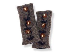 Fingerless Gloves Brown Flower Wool Hand Knit Embroidered Mittens Fleece Lined