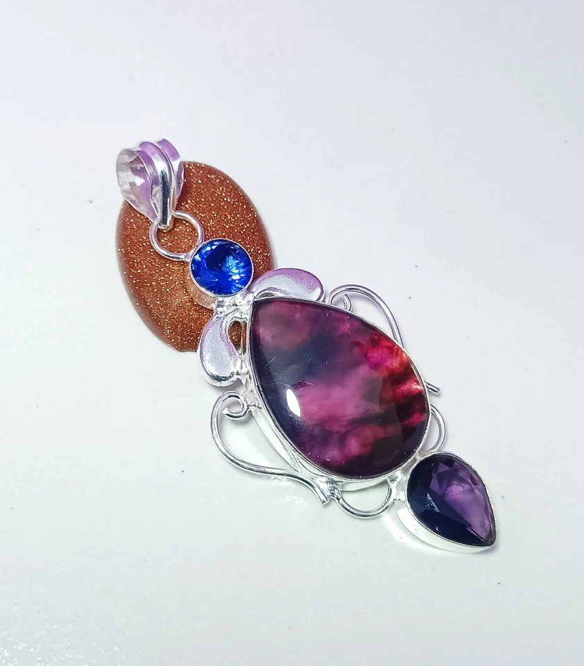 Doble Ópalo - Destello de Mahroón, Amatista, Topacio Azul Colgante de Plata de Ley 925 Foto 2 de 4