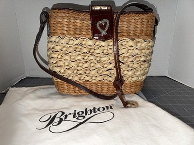 Brighton Sadie Straw Handbag Purse Leather Strap Shoulder Bag Tote Heart