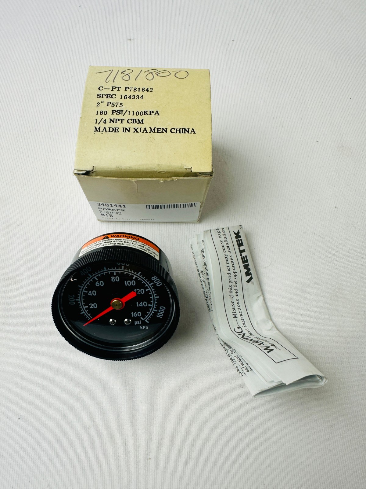 Parker P781642 Air Pressure Gauge| 2" P575 160PSI/1100KPA 1/4 NPT CBM
