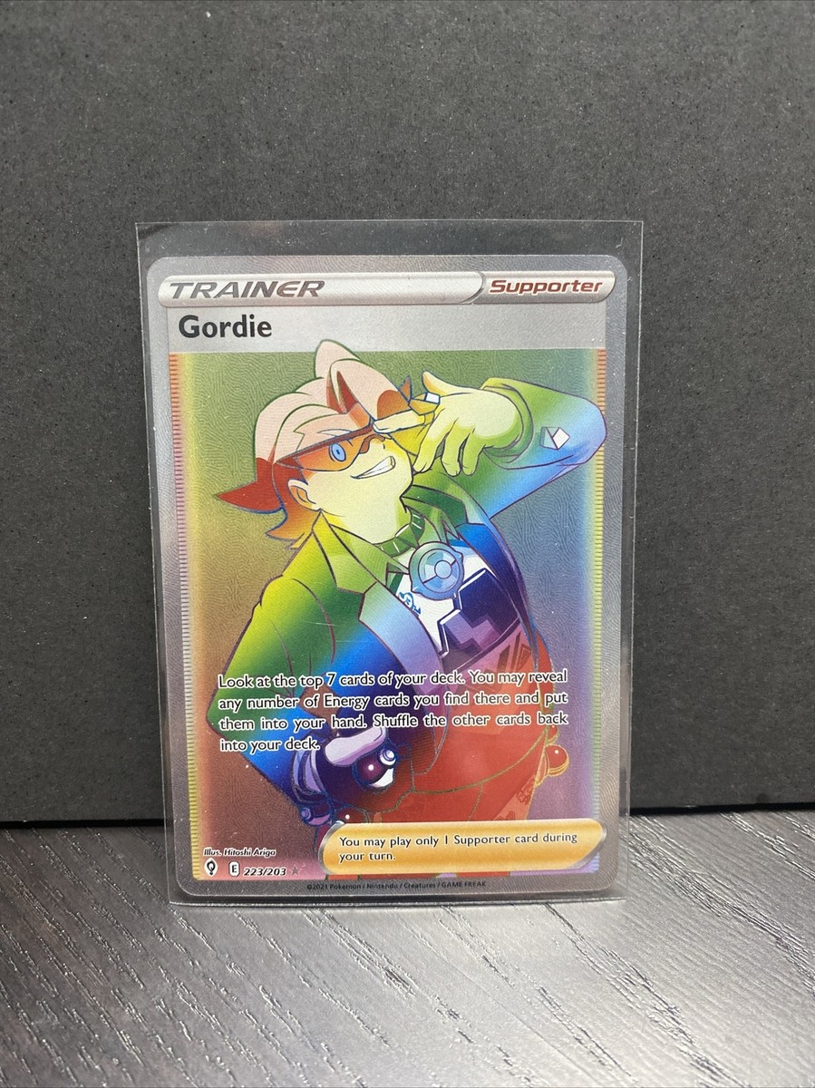 what pokemon set has 203 cards Pokémon TCG Gordie Evolving Skies 223/203 Holo Secret Rare. Pack Fresh!