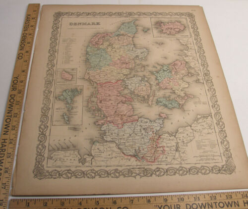 ANTIQUE 1859 COLTON'S ATLAS HAND COLORED ENGRAVING MAP DENMARK INSET OF ICELAND - Picture 1 of 24