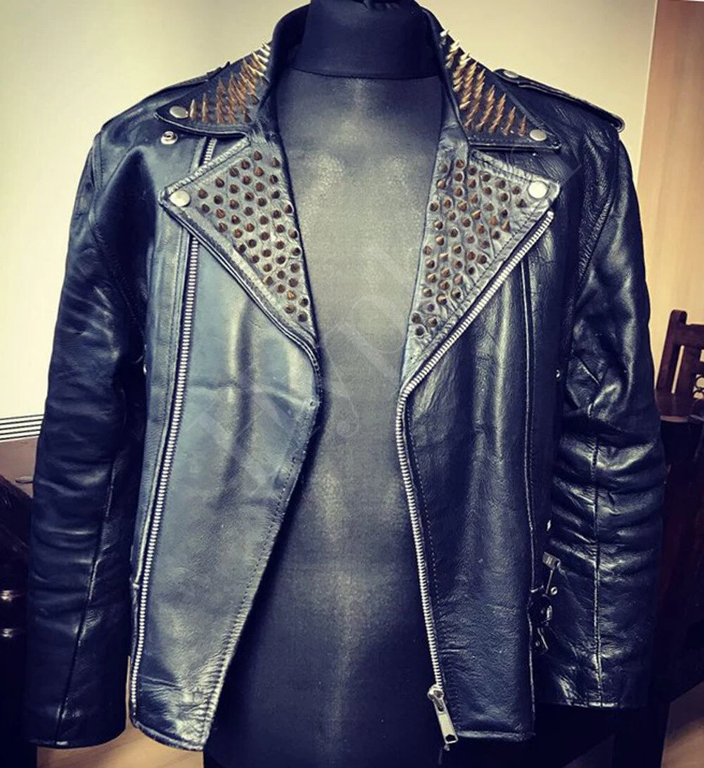  Handmade Long Spiked Studded Leather Jacket Men- Steampunk  Style Rocker Leather Motorcycle Jacket, Brando black leather jacket for men  with Silver Spikes (M, black) : Handmade Products