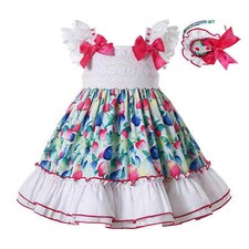 Girls Floral Dress Ruffled Princess Party Dresses Summer Sleeveless  Headband