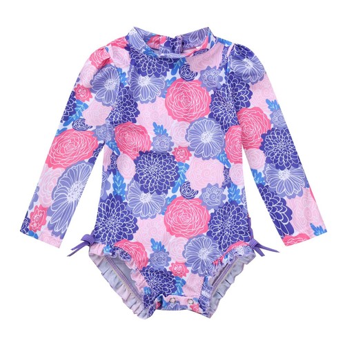 Infant Baby Girls One-piece Long Sleeves Bodysuit Floral Printed Bathing Suit - Picture 36 of 43