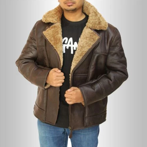 Brown RAF Aviator Men's B4 Sheepskin Real Shearling Leather Flight Bomber Jacket