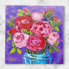 Red Roses Vase Original Painting Flowers Gift Semi-Abstract Handmade Wall Art