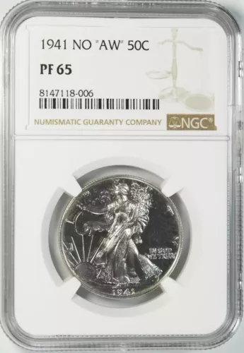 1941 PROOF WALKING LIBERTY HALF DOLLAR 50C NGC CERTIFIED PF 65 NO 'AW' (006)