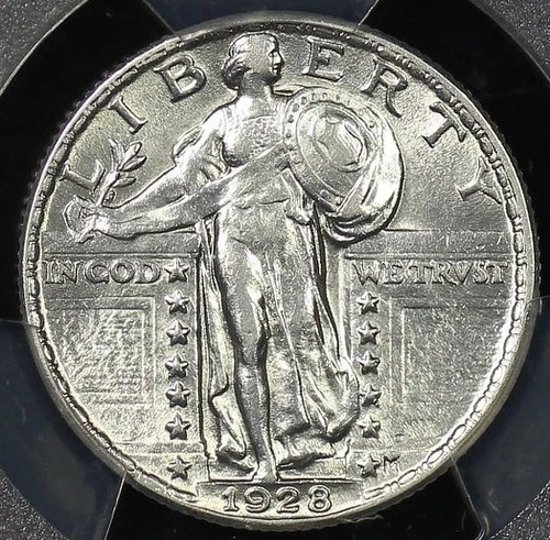1928 STANDING LIBERTY QUARTER PCGS AU 55 CRISP AND CHROMEY WHITE SILVER, LIGHT,
