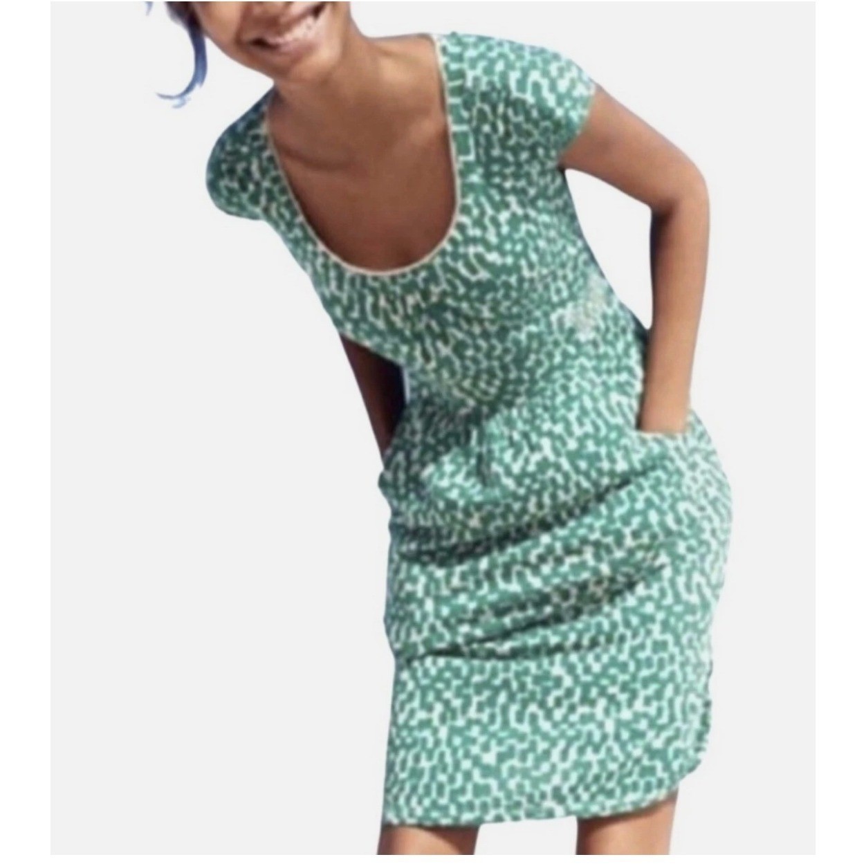 Boden Green Geometric Print Jersey Cap Sleeve Pocket Dress US 8R