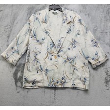 Vintage Joanna Sport Blazer Womens M Cream Blue Floral Flax Blend 3/4 Sleeve