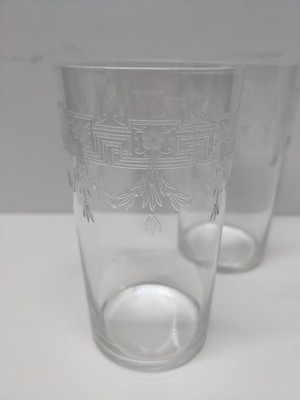 Set of 2 Greek Key & Floral Wreath Glass Tumblers 4 1/4'', Unknown Maker