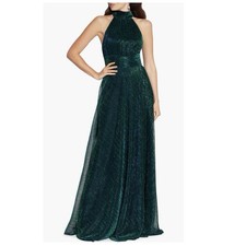 Betsy & Adam Metallic Sleeveless Open Back Halter Neck Dress Shimmery Jade Sz 12