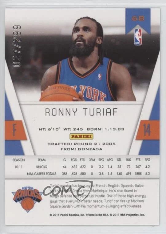 2010-11 Totally Certified Totally Blue /299 Ronny Turiaf #68 - Image 2 of 2