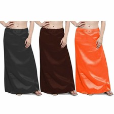 Bollywood Satin Silk Petticoat Saree Underskirt Brown Black Orange 3Pcs Inskirt