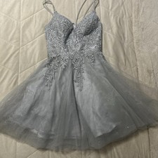 Gray Embroidered Sequin Tulle Short A-Line Dress Lace-Up Back V-Neck