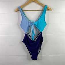 Dark Blue Light Blue Keyhole Tie Front One Piece Swimming Suit Size Medium