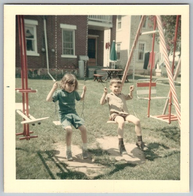 #ad #ad Vtg Color Snapshot Boy amp; Girl Playing On Backyard Swing Set Brick House 1960s $7.99