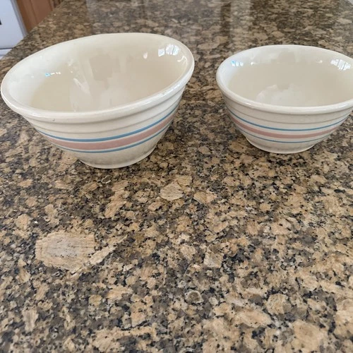 Vintage McCoy Oven Ware USA Pink and Blue Stripe Stoneware Bowl #s  10 &8