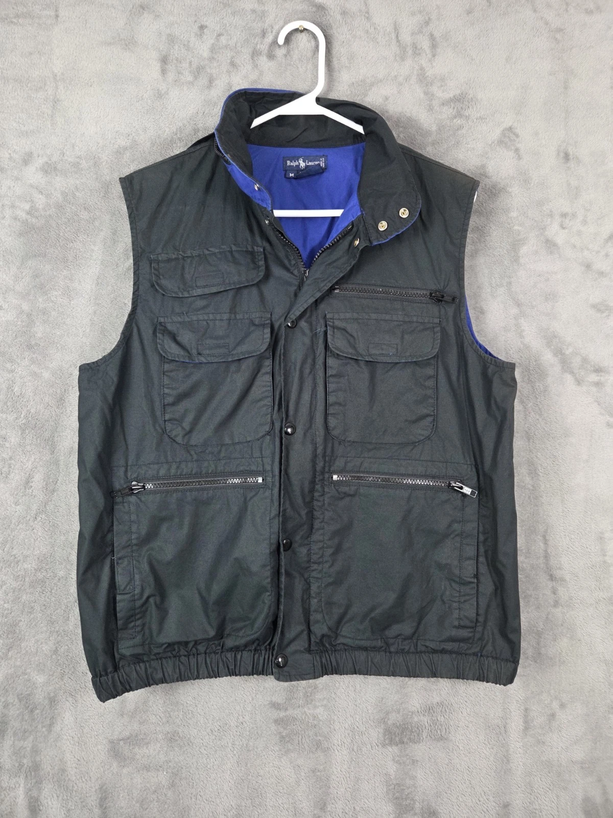 Vintage 90s Polo Ralph Lauren Sportsman Vest Hooded Pockets Black Blue Fishing M