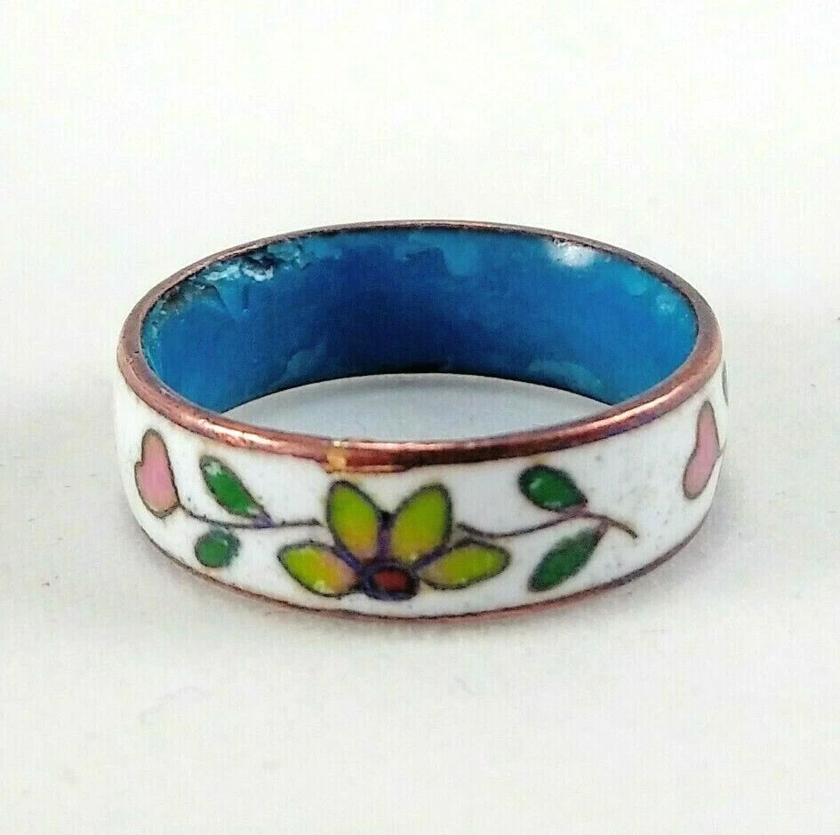 Vintage Porcelain Copper Hand Painted Floral Ring US Size 5 7 8