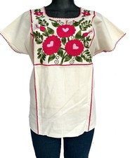 XLarge Mexican Pink Floral Embroidery Tunic, Hand Stitch Woman Relaxed Blouse