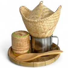 Sticky Rice Cooking Set 6 Pcs | Handmade Bamboo Basket & Thai-Lao Steamer