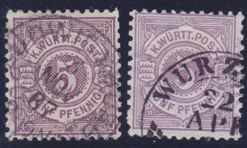 Wurtemberg 45 A, B O 5 Pf Digit IN Circle, Mauve And Violet Vif