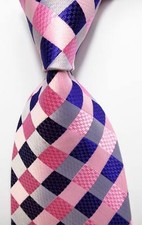 New Classic Checks Pink Blue JACQUARD WOVEN 100 Silk Men's Tie Necktie