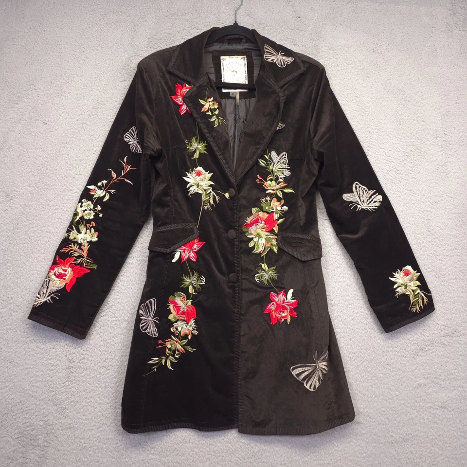 Paparazzi Coat Women M Velvet Boho Y2K Floral Butterfly Longline Whimsigoth Folk - Image 3 of 4