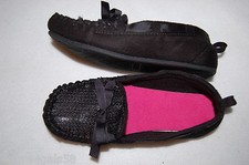 GIRLS SLIPPERS Moccasin Style BLACK Sequin MOCK SUEDE Rubber Sole S 11-12