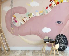 3D Elephant House Cloud Kids Pink Self-adhesive Removeable Wallpaper Wall Mural