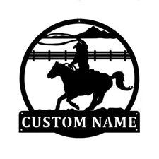 Personalized Rope Round Cowboy Horse Metal Name Sign Home Farm Decorative Art