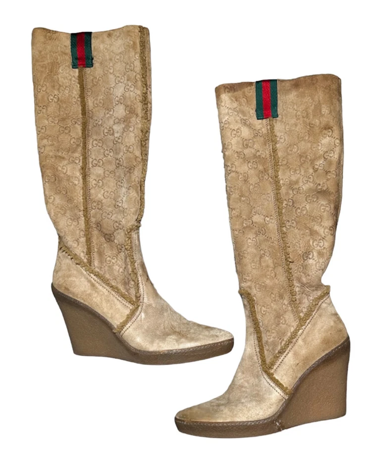 Botas GUCCI Courtney camurça microguccissima shearling cunha joelho alto tamanho 9 - Imagem 2 de 4
