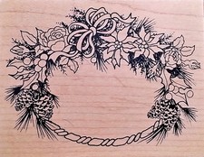 1990 PSX CHRISTMAS Oval FRAME LABEL Rose POINSETTIA FLOWER Holly Rubber Stamp