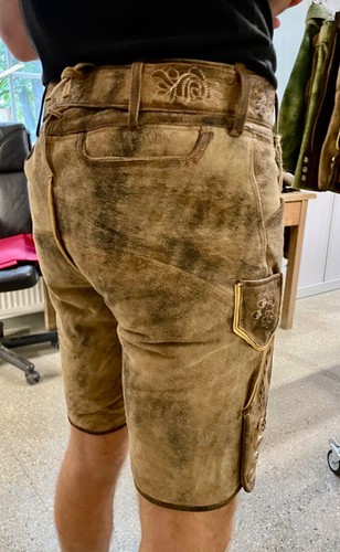 kurze Wildbock Lederhose beige-grau mit Gürtel antik look Eagle belt Leder Neu - Bild 2 von 5
